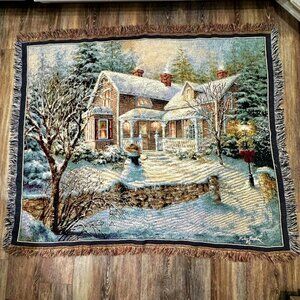 Vintage Nicky Boehme Woven Tapestry Throw Blanket Winter Snowman House Scene